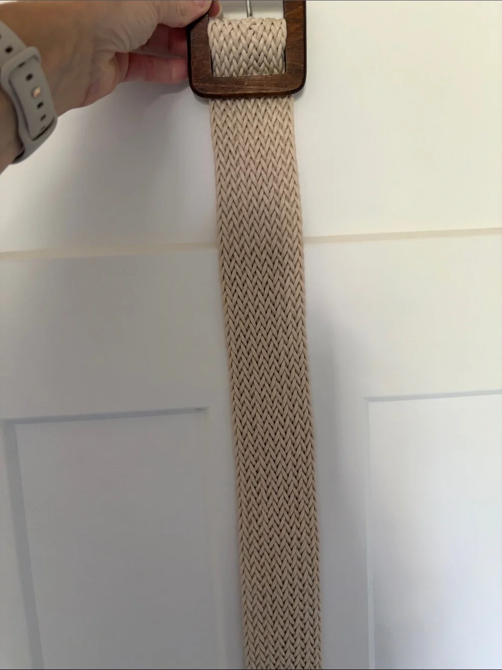 Braided Beige Cotton Belt with Wooden Square Buckle